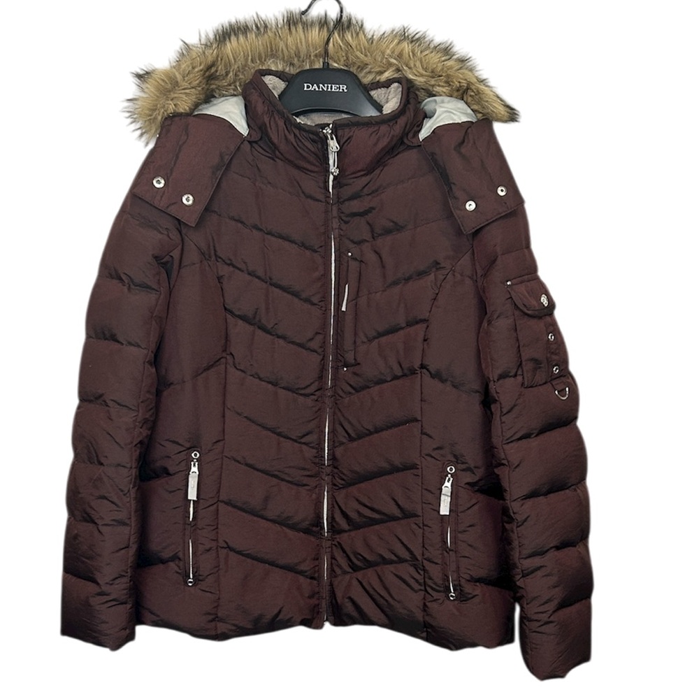 Eddie‎ Bauer Goose Down Wine Puffer Jacket Faux Fur Detach Hood Snow Skirt XL